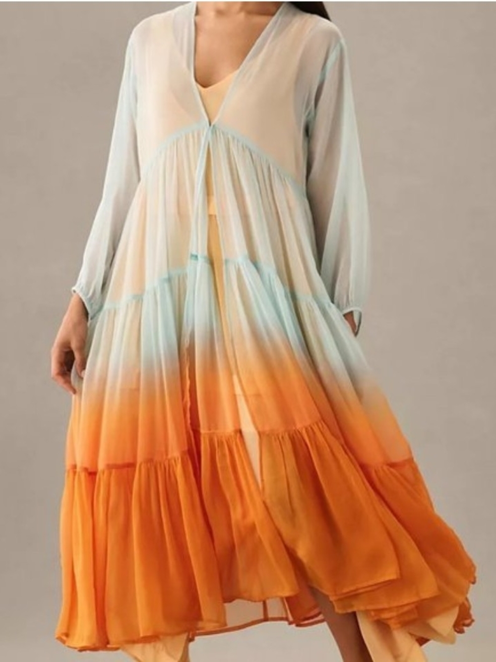 Sheer Ombre Long Sleeve Duster in Blue, Orange, & Cream